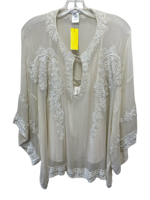Oscar de la Renta Size L Cream Silk Chiffon Floral Embroidery Keyhole Top Cream / L