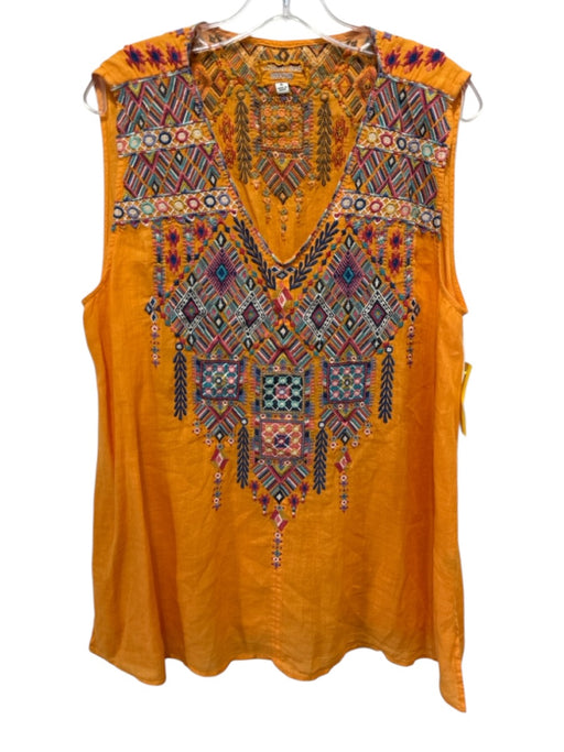 Johnny Was Size XL Orange, Pink & Blue Cotton Sleeveless Embroidered V Neck Top Orange, Pink & Blue / XL