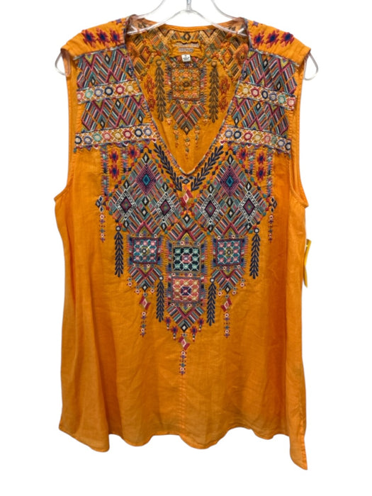Johnny Was Size XL Orange, Pink & Blue Cotton Sleeveless Embroidered V Neck Top Orange, Pink & Blue / XL