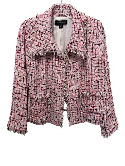 St. John Size 16 Pink, Red & Black Nylon & Cotton Boucle Frayed Edge Jacket Pink, Red & Black / 16