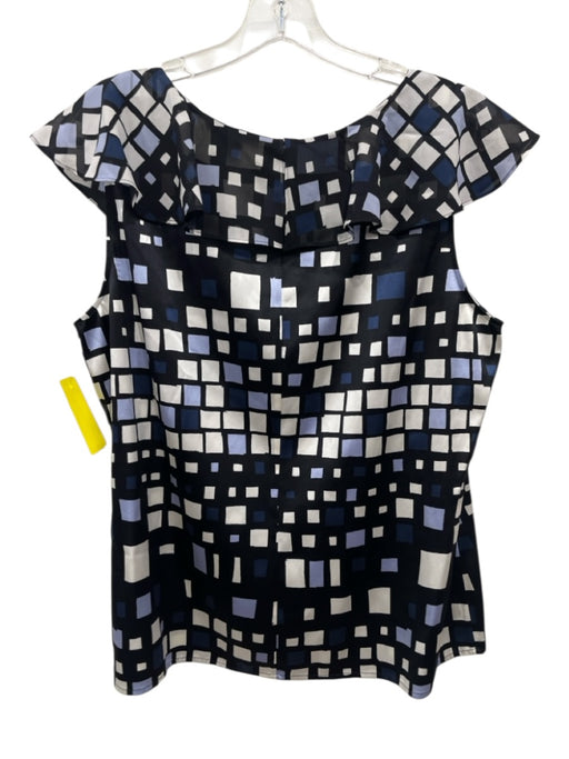 St. John Size 14 Black, White & Light Blue Silk Sleeveless Squares Top Black, White & Light Blue / 14
