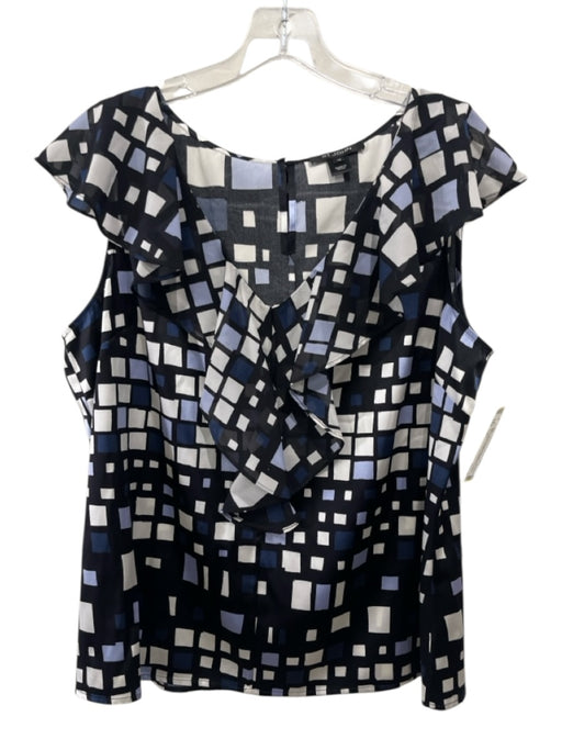 St. John Size 14 Black, White & Light Blue Silk Sleeveless Squares Top Black, White & Light Blue / 14