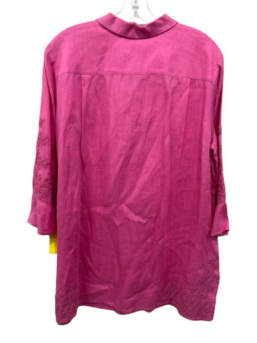Rena Lange Size 14 Pink Linen 3/4 Flare Sleeve Floral Embroidery Lace Up Top Pink / 14