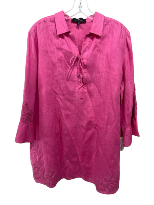 Rena Lange Size 14 Pink Linen 3/4 Flare Sleeve Floral Embroidery Lace Up Top Pink / 14