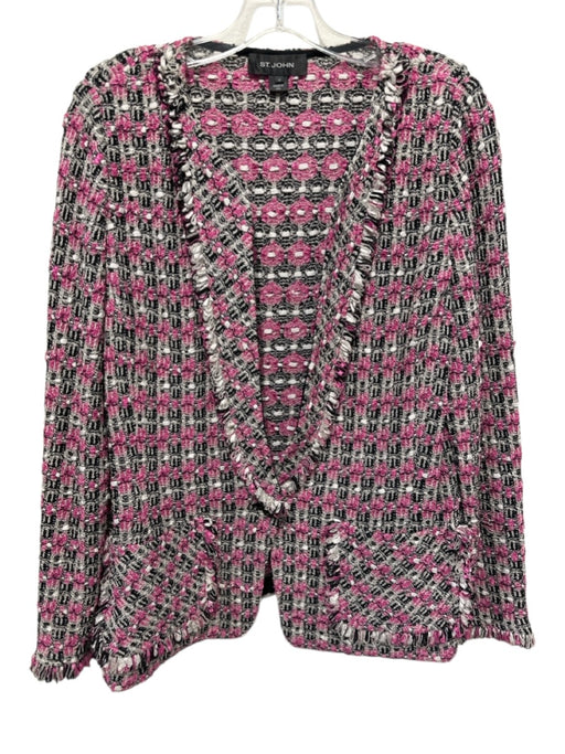 St. John Size 14 Pink, Black & Gray Wool Blend Boucle Frayed Edge Jacket Pink, Black & Gray / 14