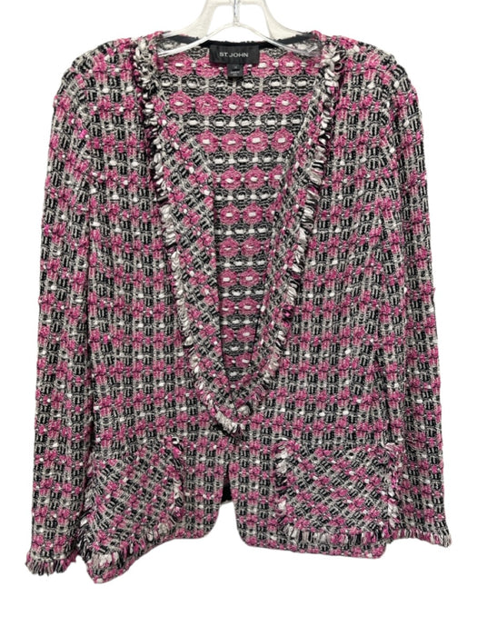 St. John Size 14 Pink, Black & Gray Wool Blend Boucle Frayed Edge Jacket Pink, Black & Gray / 14
