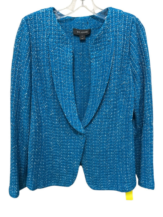 St. John Size 14 Turquoise, White & Black Rayon Blend Tweed One Button Jacket Turquoise, White & Black / 14