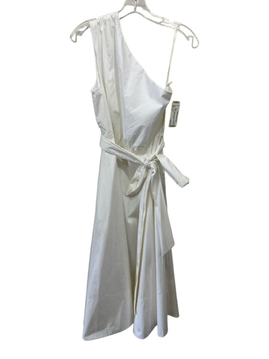 St. John Size 12 White Cotton One Shoulder Sleeveless Sash Inc Midi Dress White / 12