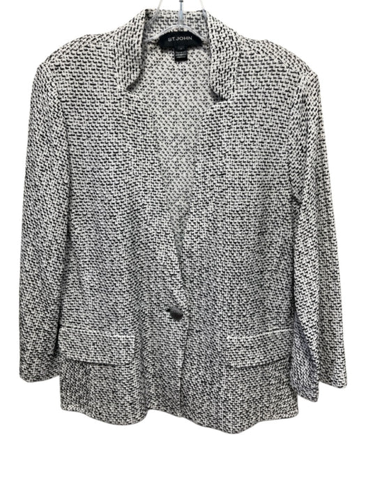 St John Size 14 Black & White Rayon & Wool Knit Heathered One Button Jacket Black & White / 14