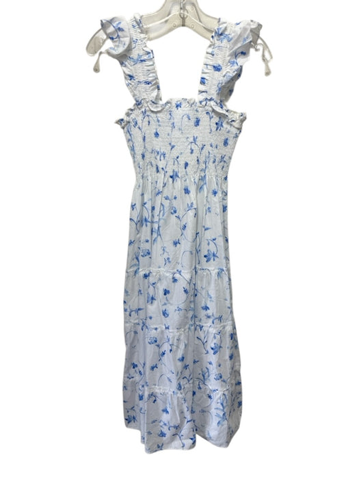 Hill House Size XS White & Blue Water Color Floral Ruffle Straps Dress White & Blue / XS