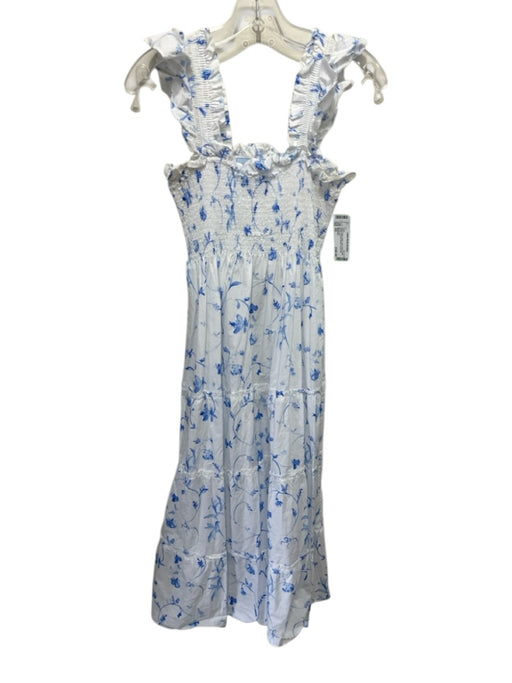 Hill House Size XS White & Blue Water Color Floral Ruffle Straps Dress White & Blue / XS