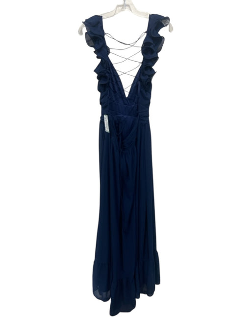 Lulus Size L Navy Blue Polyester Chiffon Ruffle Straps Criss Cross Back Gown Navy Blue / L