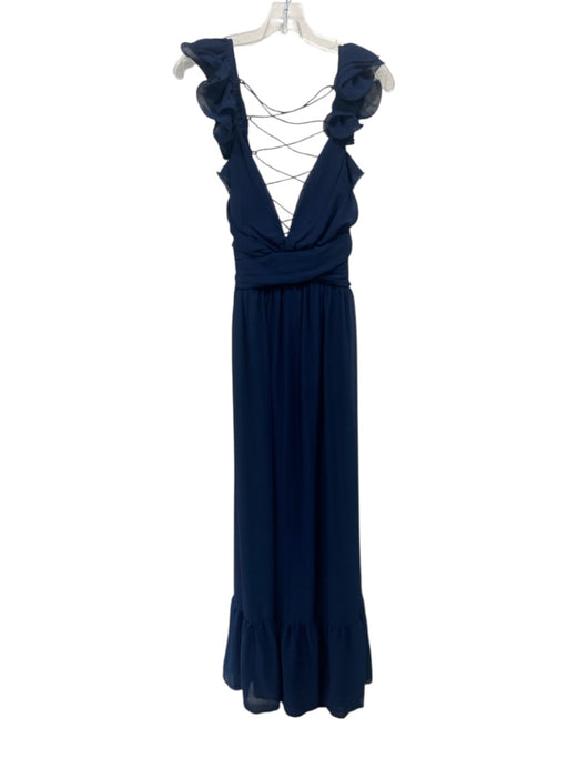 Lulus Size L Navy Blue Polyester Chiffon Ruffle Straps Criss Cross Back Gown Navy Blue / L