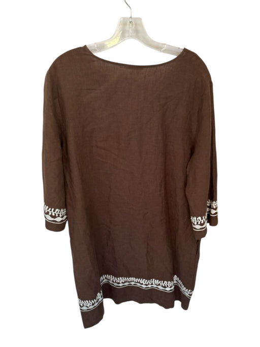 J. McLaughlin Size XL Brown & White Linen Long Sleeve Embroidered V Neck Dress Brown & White / XL