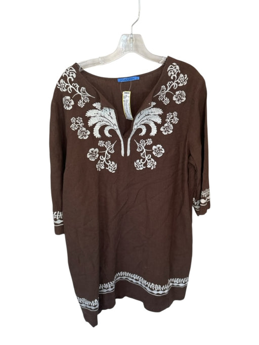 J. McLaughlin Size XL Brown & White Linen Long Sleeve Embroidered V Neck Dress Brown & White / XL