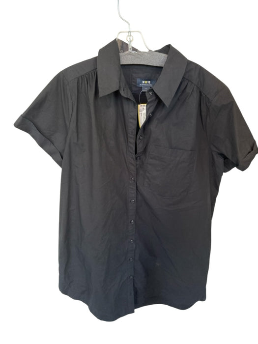 Maeve Size L Black Cotton Short Sleeve Collar Button Down Shift Dress Dress Black / L