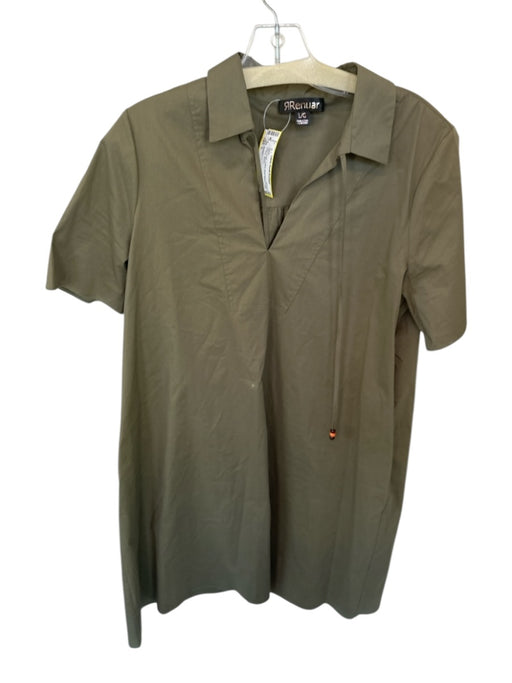 Renuar Size L Olive Green Cotton Short Sleeve Collar V Neck Dress Olive Green / L