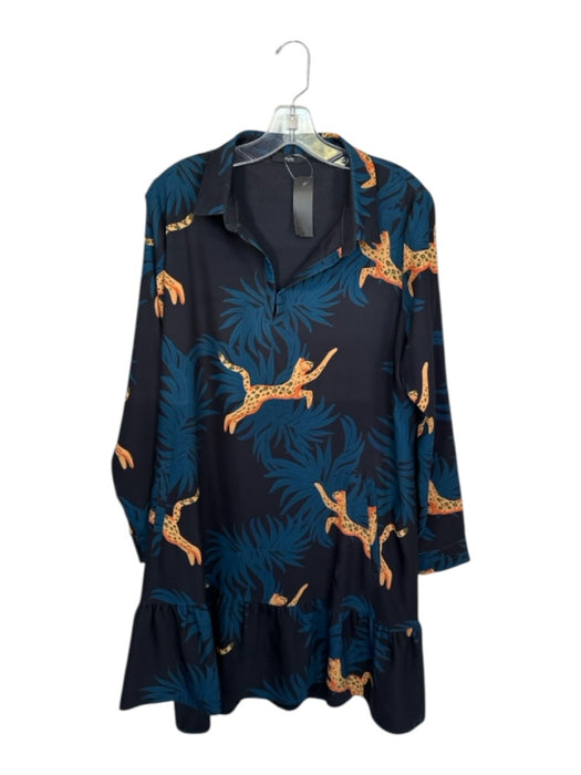 Ruti Size M/L Black & Teal Polyester Long Sleeve Cheetah Collar Dress Black & Teal / M/L