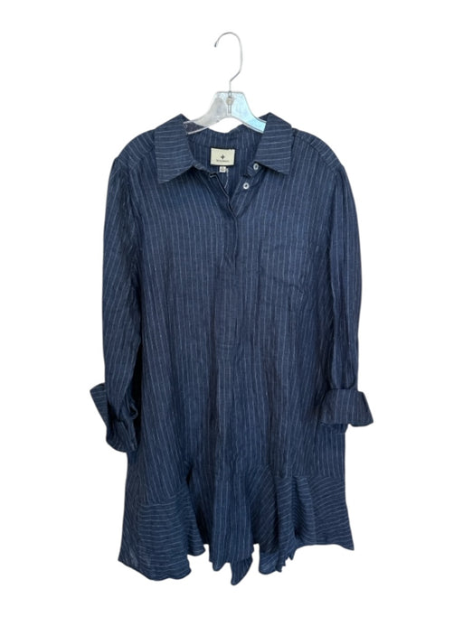 Tuckernuck Size XL Navy & white Linen Long Sleeve Pinstripe Drop Waist Dress Navy & white / XL
