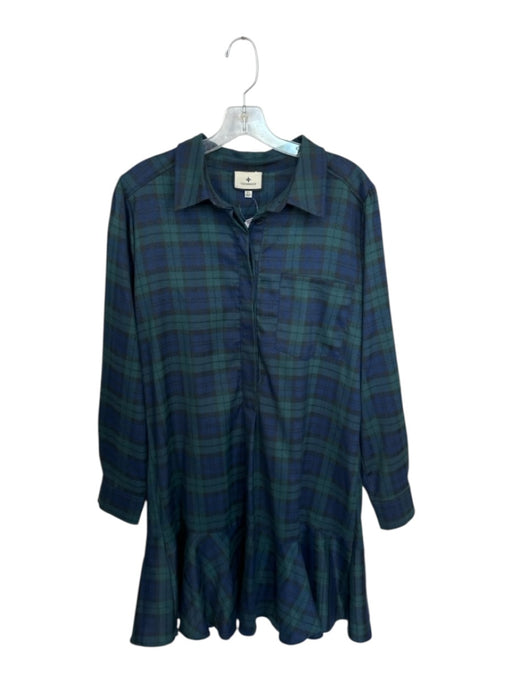 Tuckernuck Size XL Navy & Green Cotton Long Sleeve Plaid Drop Waist Dress Navy & Green / XL