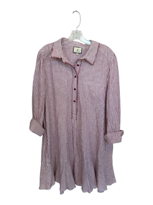 Tuckernuck Size XL White & Red Linen Long Sleeve Striped Drop Waist Dress White & Red / XL