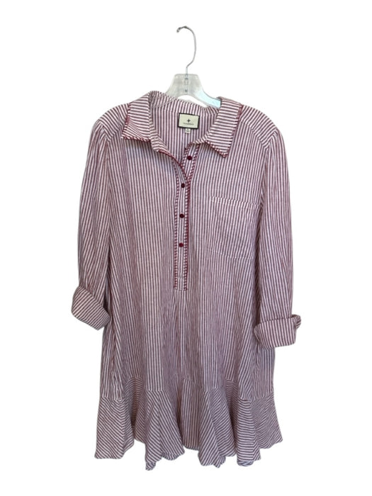 Tuckernuck Size XL White & Red Linen Long Sleeve Striped Drop Waist Dress White & Red / XL