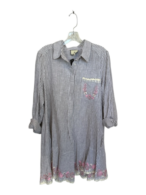Tuckernuck Size XL White & Taupe Linen Long Sleeve Striped Drop Waist Dress White & Taupe / XL
