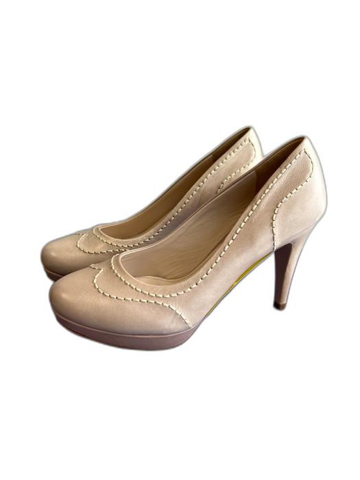 Prada Shoe Size 6.5 Beige Leather Stitch Detail Almond Toe High Heel Pump Shoes Beige / 6.5