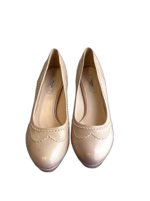 Prada Shoe Size 6.5 Beige Leather Stitch Detail Almond Toe High Heel Pump Shoes Beige / 6.5