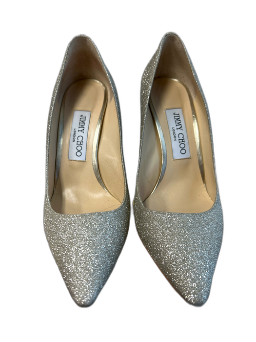 Jimmy Choo Shoe Size 37.5 Silver Leather Glitter Pointed Toe High Heel Shoes Silver / 37.5