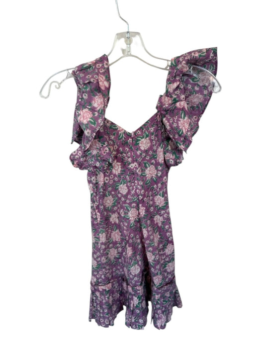 Mille Size XXS Purple & Green Cotton Flutter Sleeves Flowers Back Zip Dress Purple & Green / XXS