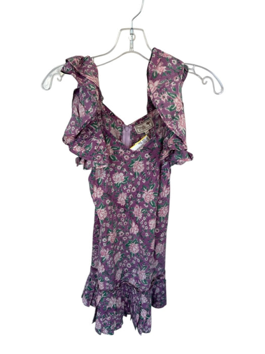 Mille Size XXS Purple & Green Cotton Flutter Sleeves Flowers Back Zip Dress Purple & Green / XXS
