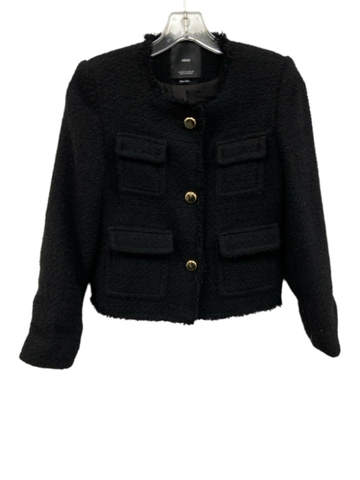 Mango Size XS Black Cotton & Wool Blend Tweed Button Front Shoulder Pads Jacket Black / XS