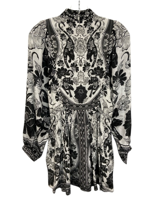 Farm Rio Size XS White & Black Viscose Floral Long Sleeve high neck Dress White & Black / XS