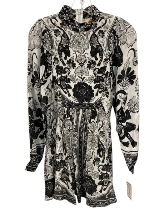 Farm Rio Size XS White & Black Viscose Floral Long Sleeve high neck Dress White & Black / XS