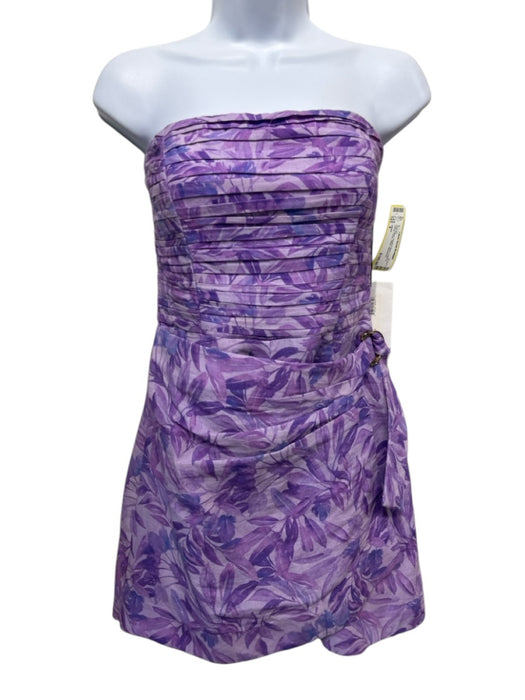AMUR Size 4 Purple & Navy Cotton & Hemp Floral Pleats Sleeveless Romper Purple & Navy / 4