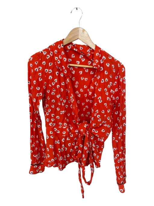 Ganni Size 38 Tomato Viscose Blend Long Sleeve Flowers Wrap Top Tomato / 38