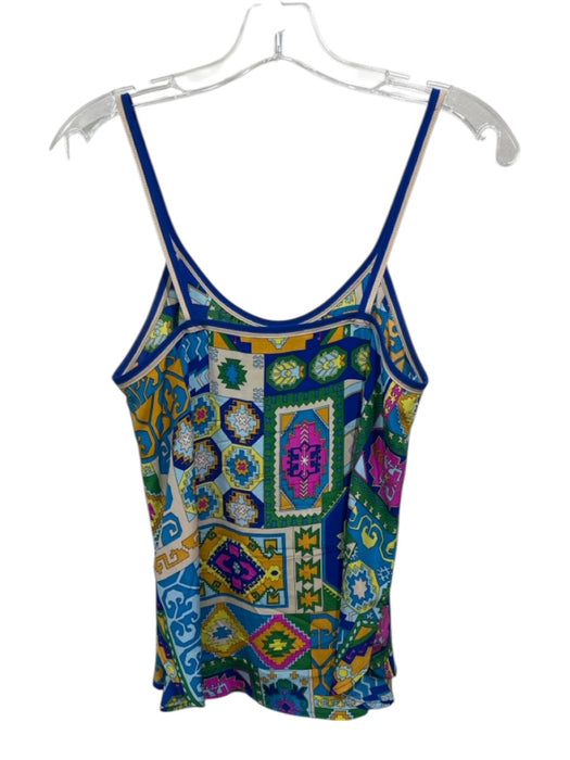 Trina Turk Size S Blue & Multi Silk Sleeveless Geometric Print U Neck Tank Top Blue & Multi / S