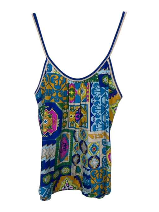 Trina Turk Size S Blue & Multi Silk Sleeveless Geometric Print U Neck Tank Top Blue & Multi / S