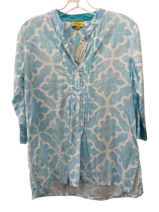 Roberta Roller Rabbit Size S Blue Cotton 1/4 Button Printed 3/4 Sleeve Top Blue / S