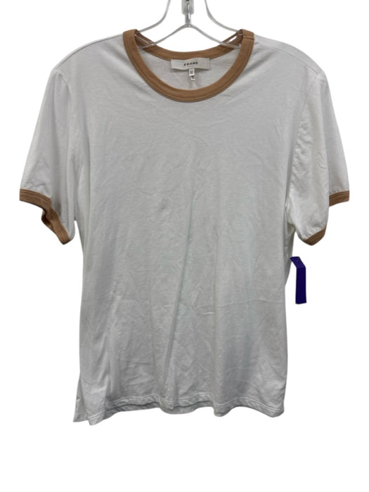 Frame Size XL White & Beige Cotton Short Sleeve Contrast Trim Ribbed Collar Top White & Beige / XL
