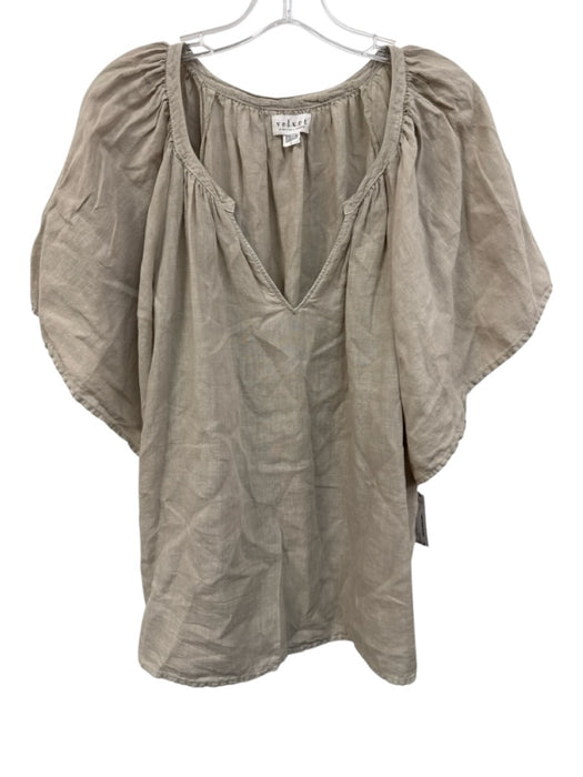 Velvet by Graham & Spencer Size L Beige Linen 1/2 Sleeve Wide Neck Gathered Top Beige / L