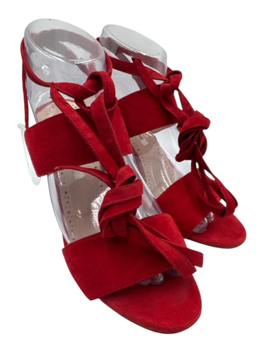 Manolo Blahnik Shoe Size 38 Red Leather Upper Suede Wrap Ankle Strappy Sandals Red / 38