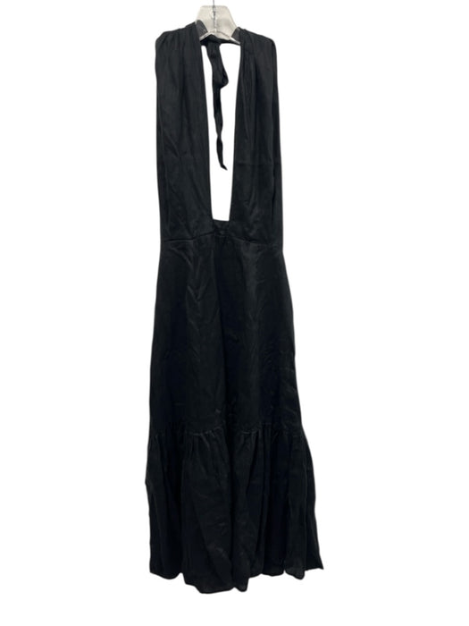 Little Lies Size L Black Linen Halter Neck Deep V Back Zip Maxi Dress Black / L