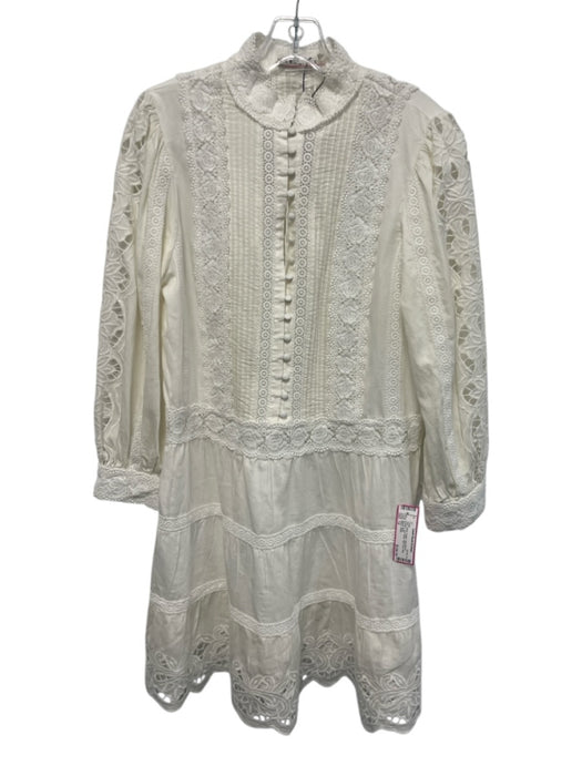 Alice + Olivia Size 12 White Cotton Long Sleeve Buttons Lace Detail Dress White / 12