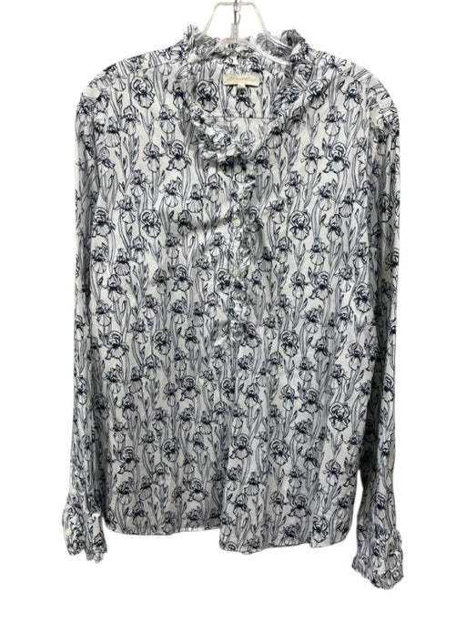 Ann Mashburn Size XL White & Navy Blue Cotton Blend Long Sleeve 1/2 Button Top White & Navy Blue / XL
