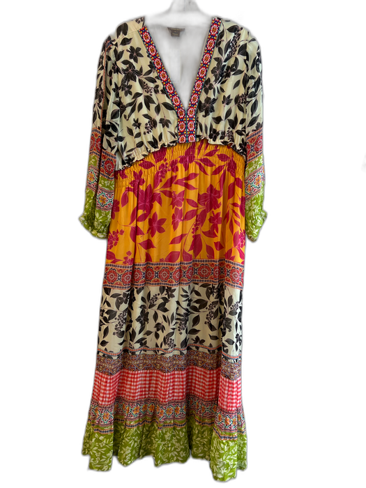 Vineet Bahl Size L Green & Multi Polyester Viscose Patchwork V Neck Maxi Dress Green & Multi / L