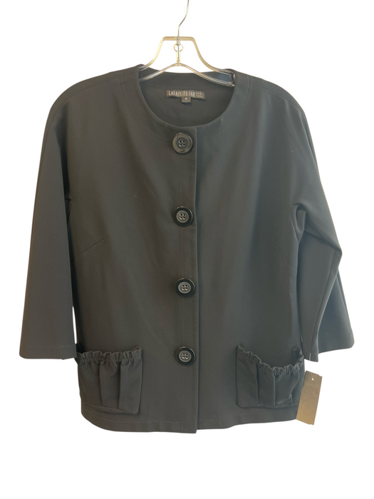 Lafayette 148 Size 8 Black Viscose Front Button Round Neck Ruffle Detail Jacket Black / 8
