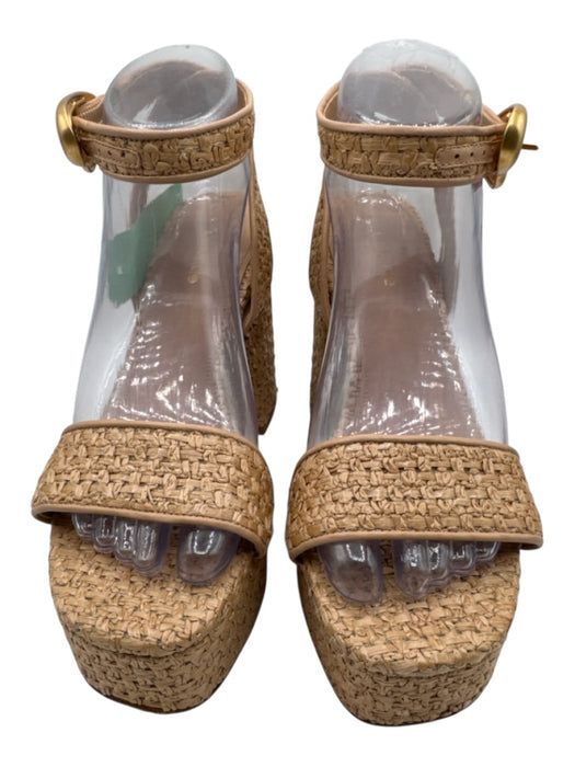 Larroude Shoe Size 7.5 Beige Raffia Gold Tone Hardware Ankle Strap Sandals Beige / 7.5