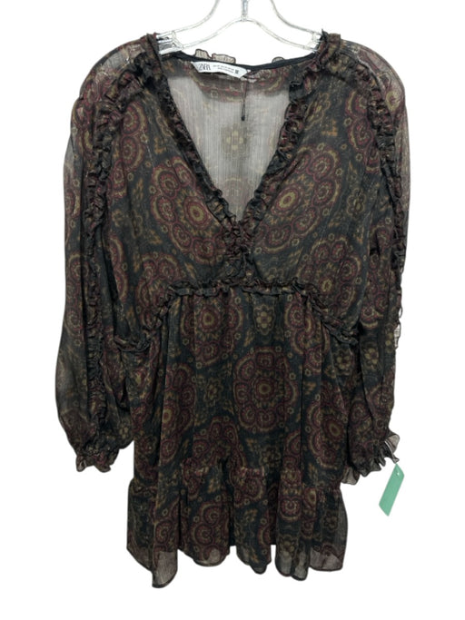 Zara Size XS Black, Red, Green Polyester Paisley Ruffle Babydoll Dress Black, Red, Green / XS